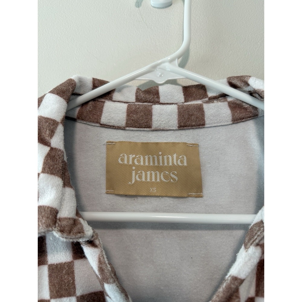Araminta James Terry Button Down Short Sleeve Shirt Retro Check Brown Size XS - Picture 3 of 7